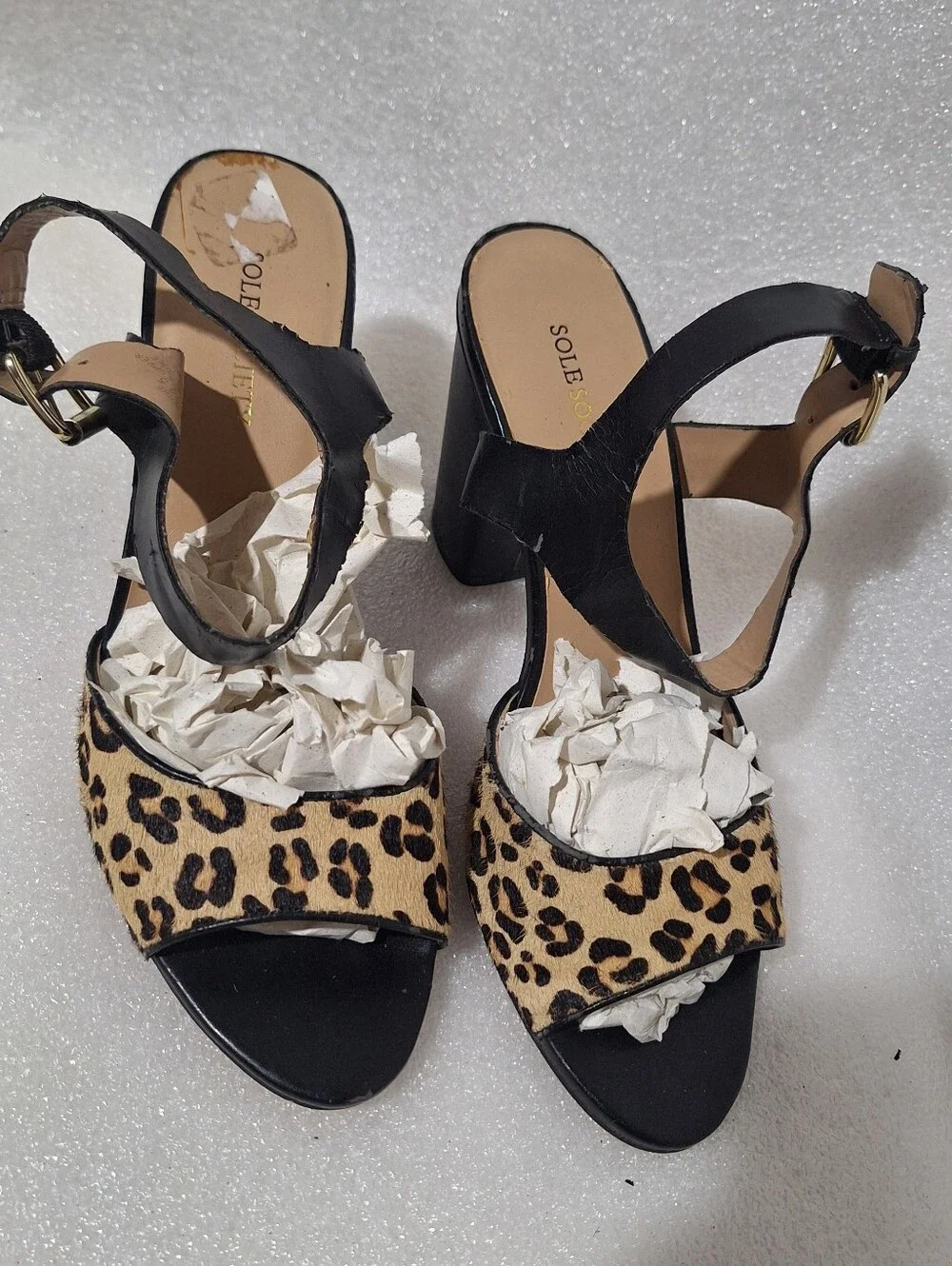 Leopard Print and Black Block Heel Sandals - Women